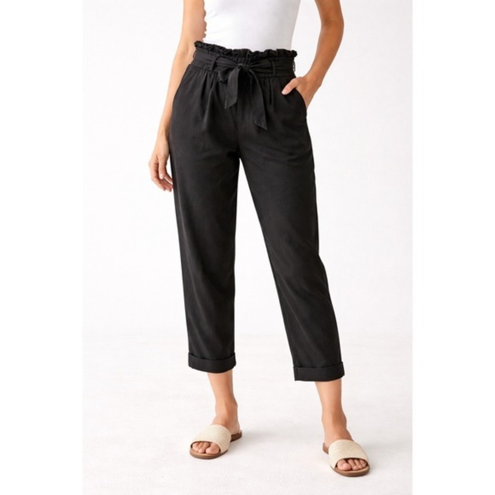 ZARA Pull On Pants Paper Bag Tie Waist Cropped Cuffed Womens S Black Pockets